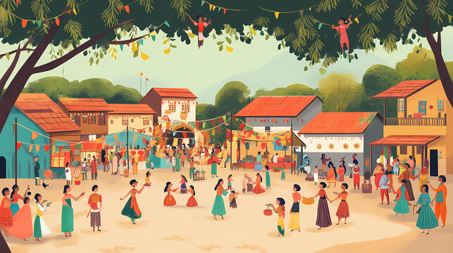 Village fair: a lively village fair in rural india, with folk music, dance performances, traditional games, and local handicrafts on display. Village. Illustration