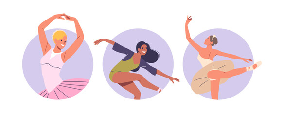 Isolated Vector Round Icons Or Avatars With Cartoon Ballerina Characters Dancing Gracefully Ballet Dance