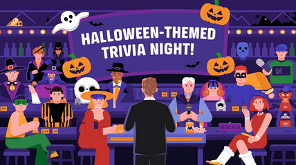 Fun and festive Halloween trivia night at a bar with costumed participants. Perfect for social media, marketing, or event promotion. 
