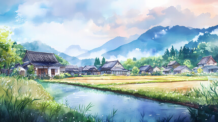 Fototapeta premium A picturesque watercolor illustration of a japanese countryside, with a small village and a rice field. Village. Illustration