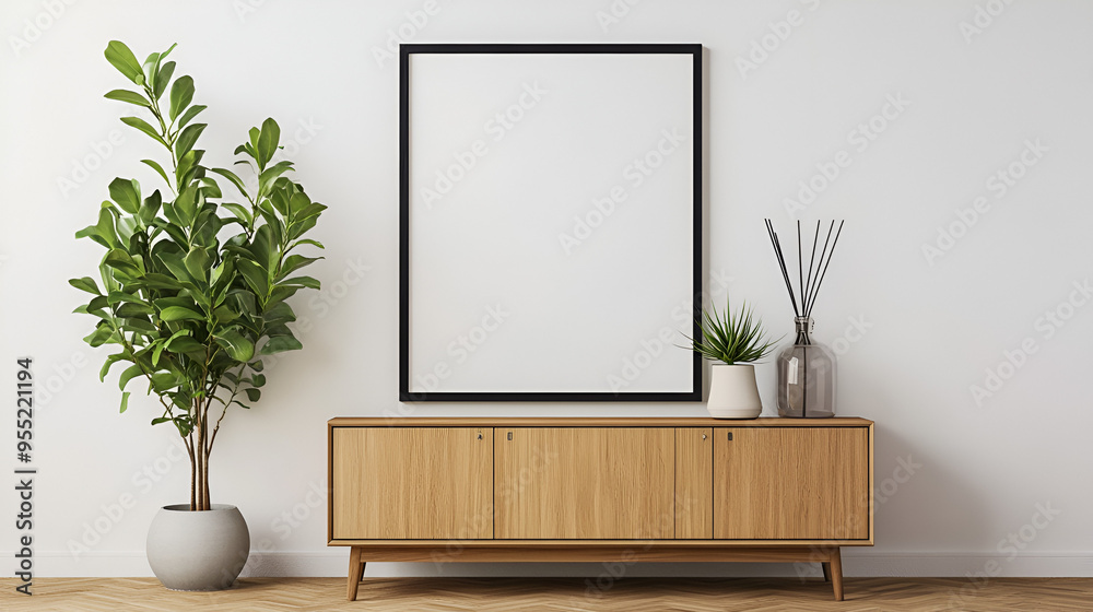 Wall mural modern living room with black frame mockup for your design