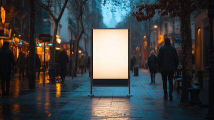 White blank advertising banner billboard sign on city sidewalk at night mockup. 