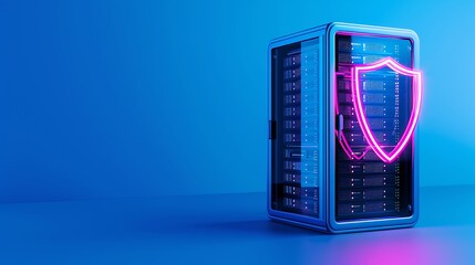 Secure server with neon shield icon, illustrating cybersecurity and data protection in modern technological environment.