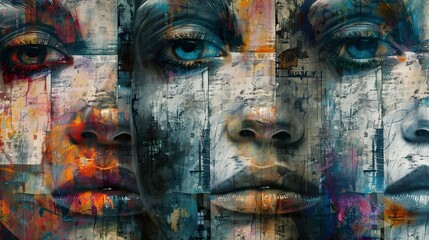 Abstract portrait of a woman with multiple faces in vibrant colors.