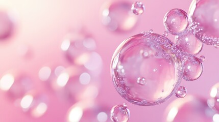 Close-up of clear bubbles with a pinkish magenta hue, floating and dispersing like a molecular group against a soft gradient background. Copy space