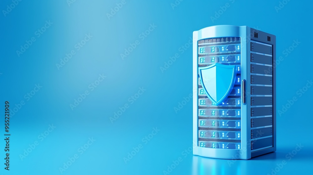Poster secure server with shield icon on blue background, representing data protection and cybersecurity in