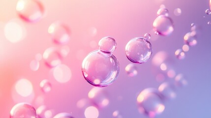 Close-up of clear bubbles with a pinkish magenta hue, floating and dispersing like a molecular group against a soft gradient background. Copy space