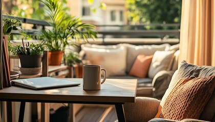 Serene balcony workspace featuring a cozy desk and coffee setup, perfect for relaxation and productivity in a peaceful environment. Ideal for a refreshing and inspiring work atmosphere.