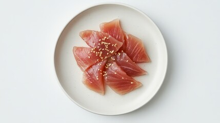 Raw tuna slices on a white plate with sesame seeds.