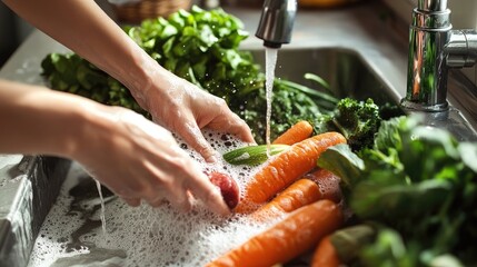 Detail shot of vegetables being washed in a sink, hands working to remove all traces of chemicals, set in a bright kitchen.