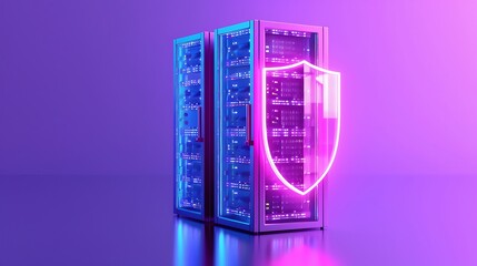 Server racks with glowing shield icon representing data protection and cybersecurity in a vibrant purple setting.
