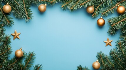 Christmas frame top border made of fir tree branches, golden decorative stars, balls over blue background. Flat lay, top view