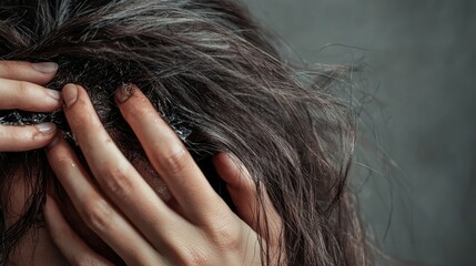 Obraz premium Detailed view of a woman head and hands holding damaged hair, highlighting the need for hair repair and care. Copy space available.