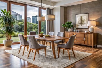 Contemporary dining room features a glossy table paired with minimalist chairs, a chic sideboard, and a statement rug