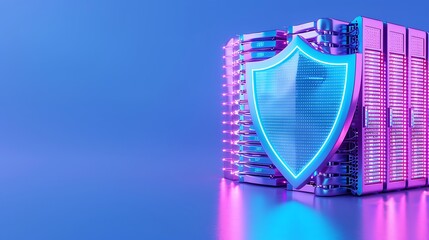 Server security concept with glowing shield and server racks. Cyber protection and data safety in a secure environment.