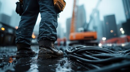 A close-up view of a construction worker's muddy boots standing amid coiled cables on a wet and muddy construction site with blurred heavy machinery in the background.