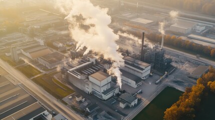 Aerial View of Industrial Factory Emitting Smoke