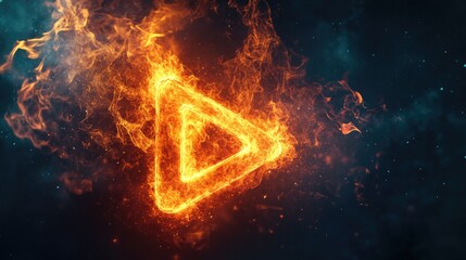 Intense heat effect on a 3D play button icon with blazing fire and swirling smoke, against a dark background. Movies and cinema concept.