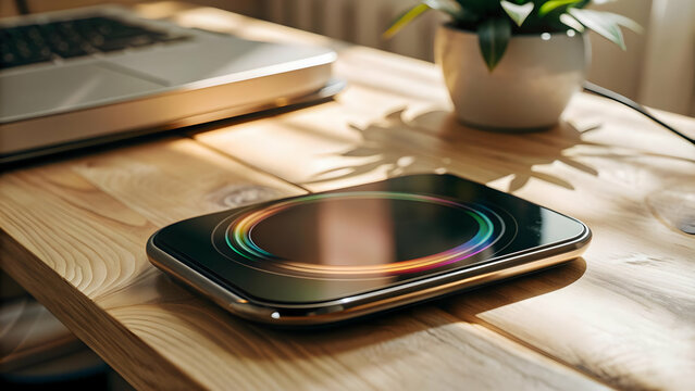 Modern 3D Wireless Charging Pad with Holographic Battery Level Indicator - Top-Down View on White Surface, Copy Space Available
