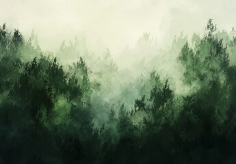 Fototapeta premium An abstract representation of a dense, misty forest, showcasing a gradient of greens that evoke a serene, ethereal atmosphere, perfect for themes of nature and tranquility