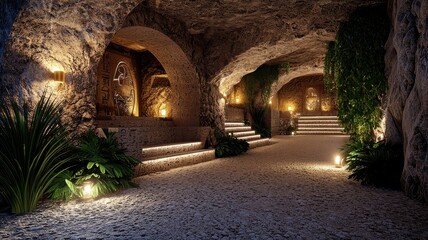 Obraz premium A serene cave interior featuring natural stone walls illuminated by soft lights and adorned with lush green plants.