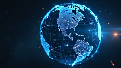 Naklejka premium Rotating Digital Globe with Bright Blue Connections in Dark Space