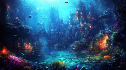 Fototapeta premium Glowing Underwater Kingdom: Digital Painting of a Magical Coral Reef