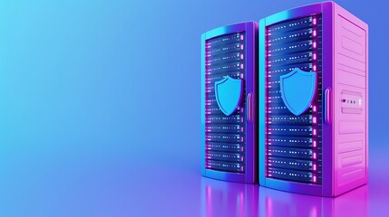 Two secure server racks with digital shields representing cybersecurity and data protection on a blue and purple gradient background.