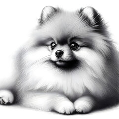 Obraz premium 흰 배경, 포메라니안, 펜슬 드로잉 (White background, Pomeranian, pencil drawing)