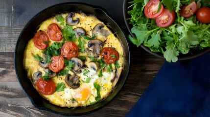 Freshly Prepared Vegetable Omelet in Cast Iron Skillet on Rustic Wooden Table