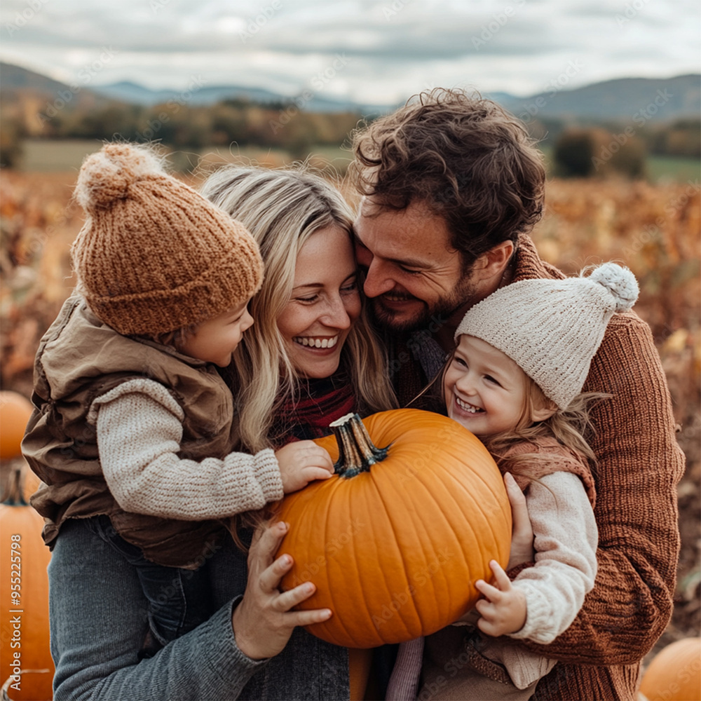 Wall mural portrait of a happy smiling family in an pumpkin farm with fall foliage background 