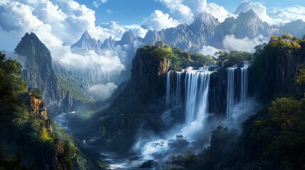 Fototapeta premium Celestial Waterfall: Fantasy Art of Water Flowing Upwards
