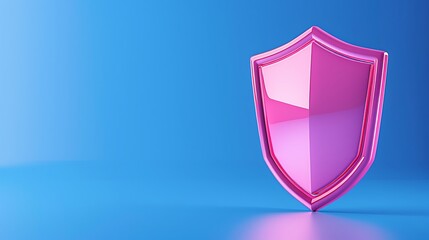 Vibrant pink shield on a blue background symbolizing security, protection, and safety. Concept of defense and strong security measures.
