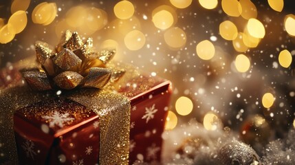 Christmas gift box and trinkets on a background of unfocused golden lights