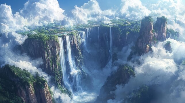 Skyward Waterfall: Ethereal Fantasy Art of a Celestial Cascade