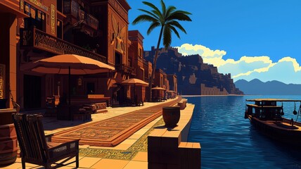 Fototapeta premium A vibrant waterfront scene featuring palm trees, cozy seating, and a serene atmosphere, ideal for relaxation and inspiration.