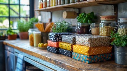 Reusable beeswax food wrap set colorful patterns on kitchen