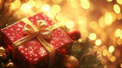 Christmas gift box and trinkets on a background of unfocused golden lights