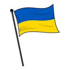 Ukraine Official Flag Icon on Black Metallic Pole, Blue and Yellow Mini Flag Isolated on White Background, Flat Cartoon Style, Editable and Scalable Vector Illustration in EPS