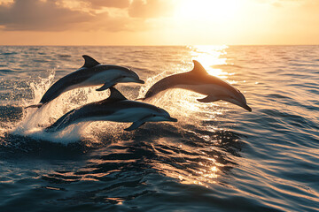 Fototapeta premium Dolphins jumping out of the water at sunset, a beautiful natural landscape with sea and sky in the golden hour.