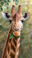 A close-up portrait of a giraffe enjoying a leaf, showcasing its unique patterns and gentle expression against a blurred background.