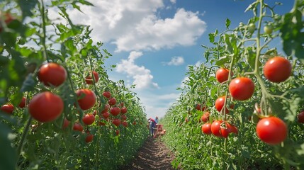 Thriving Tomato Field in Greenhouse Under Cloudy Sky