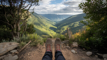 Walking Boots at Trailhead with Panoramic View: Symbolizing Adventure and the Thrill of Travel (World Tourism Day).