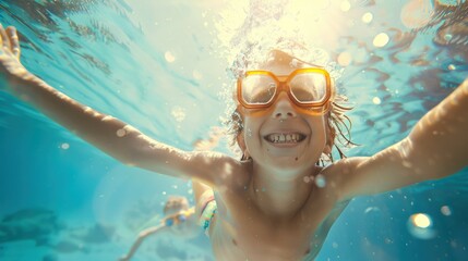 Fototapeta premium Cute smiling child having fun swimming and diving in the pool at the resort on summer vacation. Sun shines under water and sparkling water reflection. Activities and sports to happy kid