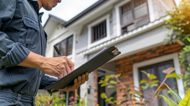 inspector or engineer is inspecting construction and quality assurance new house. Engineers or architects or contactor work to build the house before handing, generate by AI