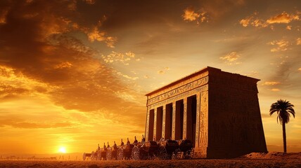 Obraz premium Sunset illuminates an ancient temple with majestic architecture, surrounded by a caravan against a dramatic sky.