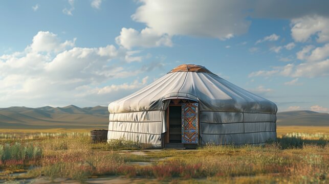 A large white tent with a colorful design sits in a field