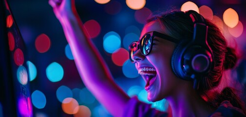 Fototapeta premium Gamer girl rejoicing, vivid neon colors reflecting off monitor, esports competition victory, cyberathletics triumph, joyful expression