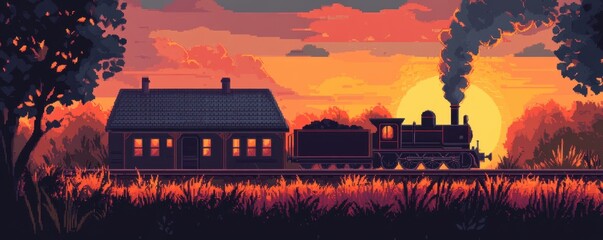 Illustration of a train passing by through a station in a sunsetting atmosphere, scenic view