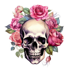 Human Skull Surrounded by Pink Roses and Green Leaves